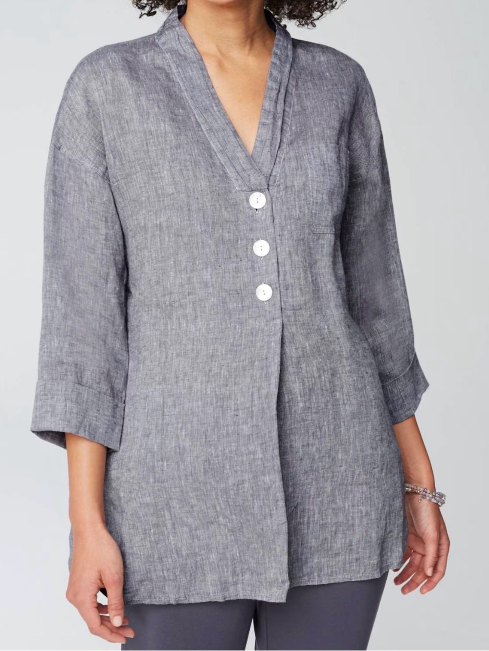 Pure J Jill Yarn-Dyed Linen Button-Front Tunic Top Navy Marled Size 2X